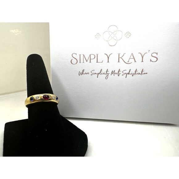 Vintage 18K Gold Ruby, Diamond & Sapphire Cabochon Gypsy Ring – Size 5.75 - Picture 2 of 3